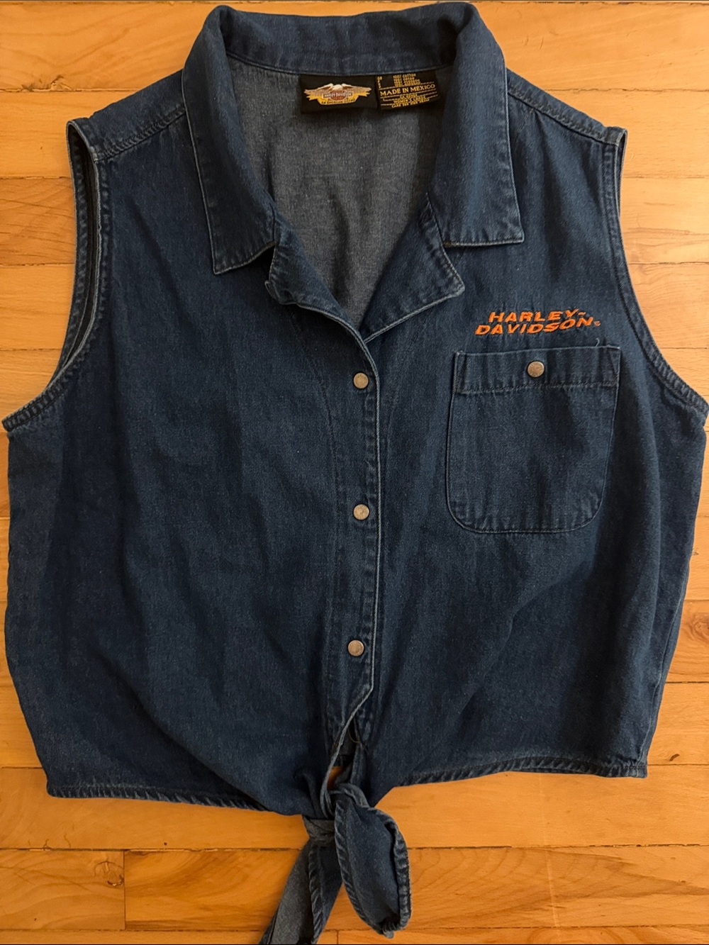 Vintage Harley-Davidson Dark Blue Denim Tie-Front Tank with Orange Logo